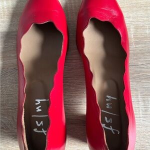 French Sole NY Cherry Red Scalloped Leather Block Heels 3” – Size 9.5